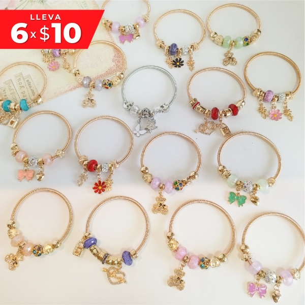 COMBO DE 6 PULSERAS ESTILO PANDORA DE MODA x $10