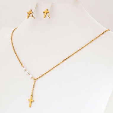 JUEGO DE ARETES CON CADENA DE CUZ CON PERLAS