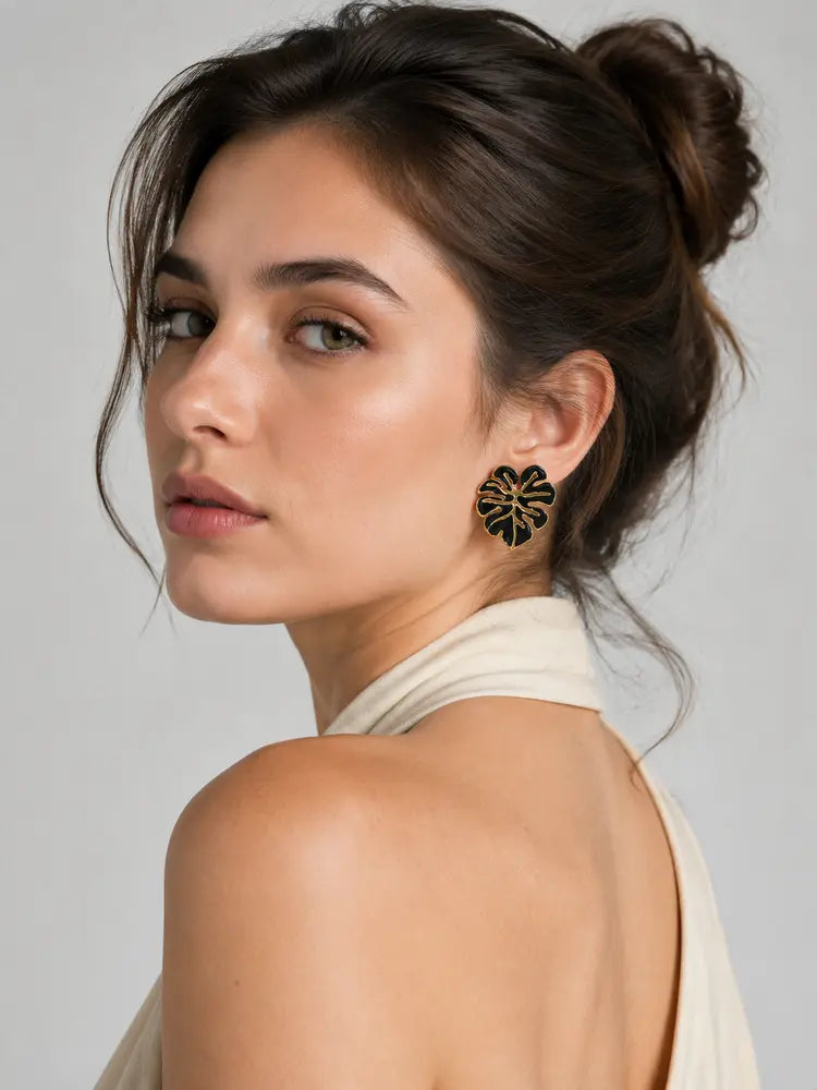 Aretes Hoja Tropical Negra