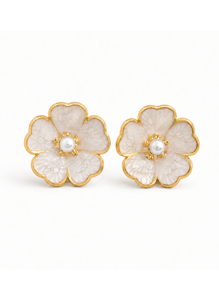 Aretes Flor Perla Blanca
